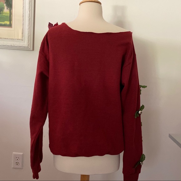 Upcycled Ugly Christmas Sweatshirt Poinsettia Red - Picture 6 of 7
